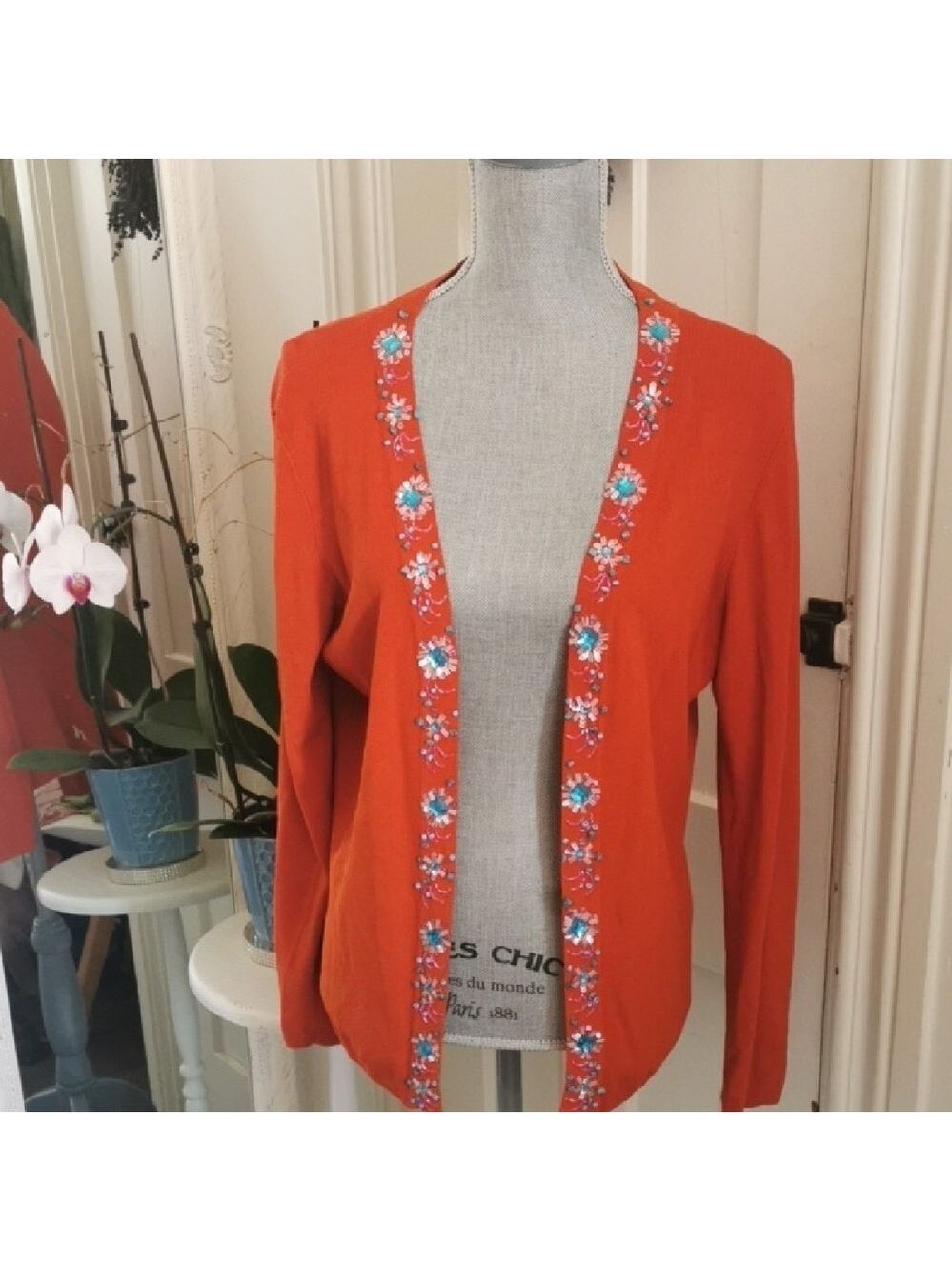 Vintage Valenti embelishment open cardigan. Orange, sequins, beading. Size large